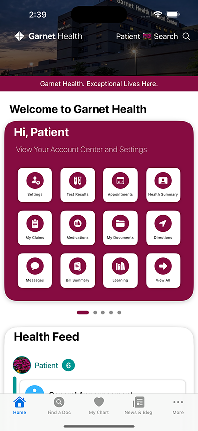 Home Page of the Garnet Health App