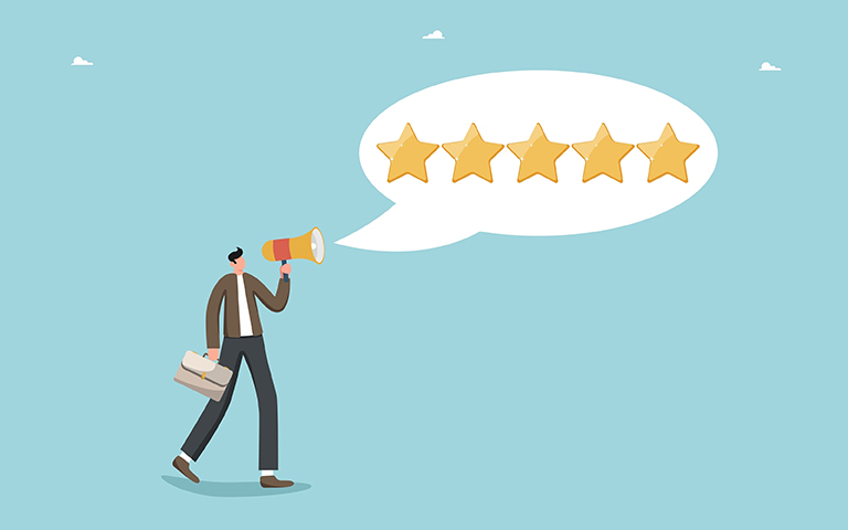 Man with megaphone saying 5 stars